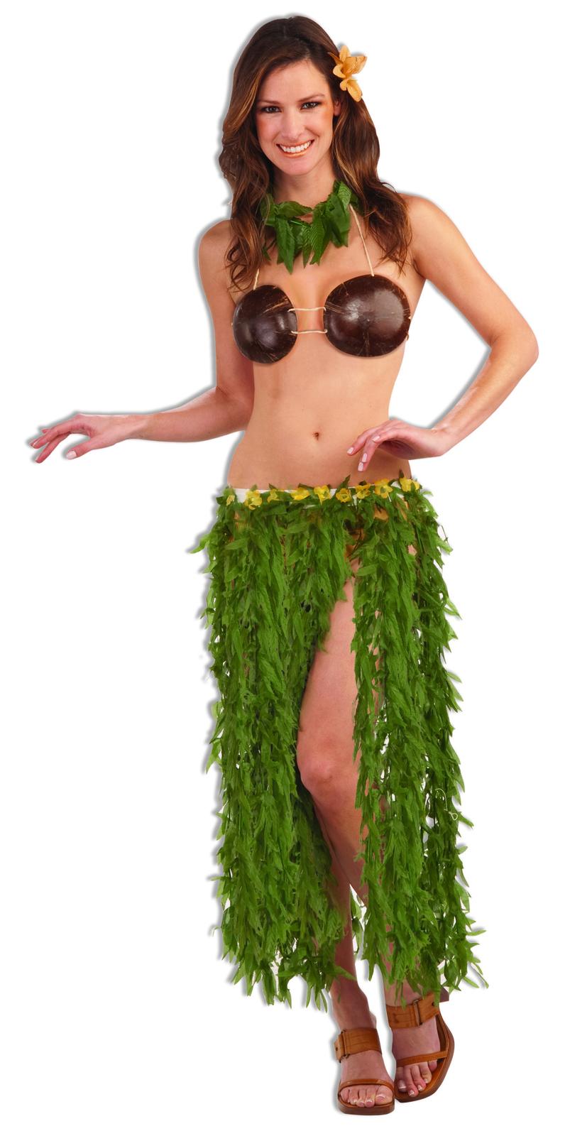 Hawaiian woman in grass skirt and coconut bra dancing Stock Photo